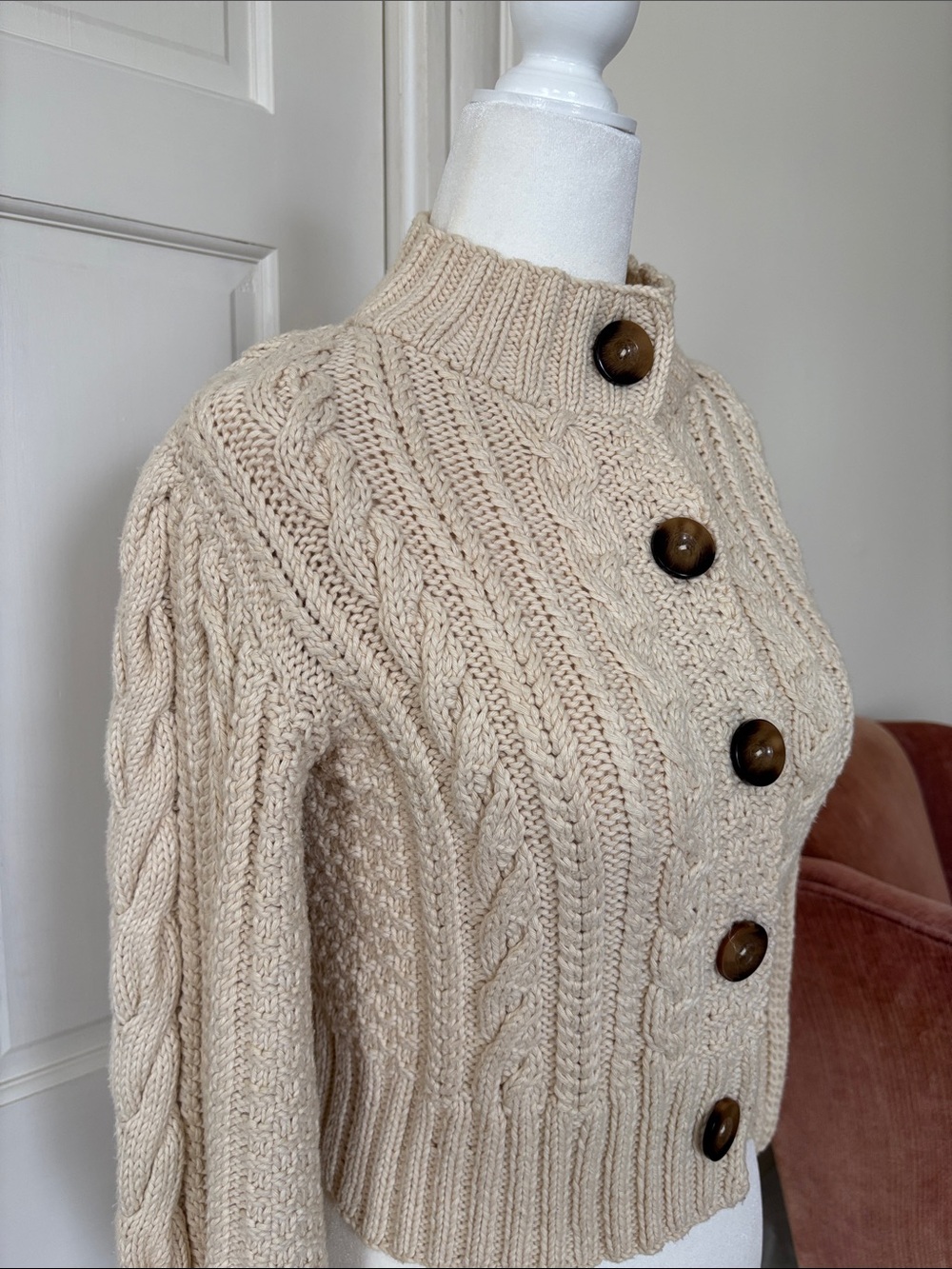 Doen 🏹 Cardiff XS/S Milky Way cotton Cable-Knit Cardigan cropped tortoiseshell - Picture 3 of 9
